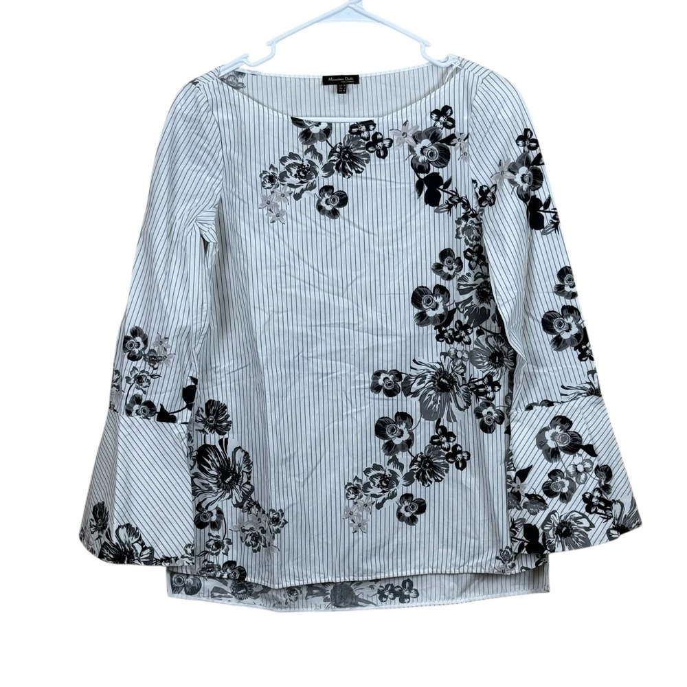 Massimo Dutti Striped Floral Top Blouse Shirt White Black 3/4 sleeve Cotton 4 S